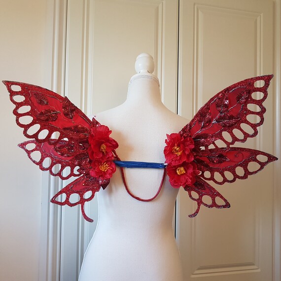Red Leaf Lace Cut Costume Dress Up Fairy Wings with Flowers