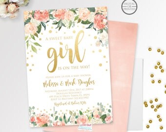 Gold Confetti Baby Shower Invitation | Girl Baby Shower Invitation | Pink and Gold Baby Shower | Floral Baby Shower | Watercolor Flowers
