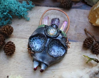 Vampire Skull Pendant, Vampire Skull Necklace, Skull Jewelry, Labradorite Amethyst, Angel Aura Crystal Pendant, Wearable Art, Handsculpted