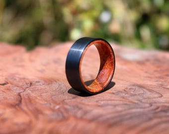 Tungsten Ring,mens wedding band tungsten,wedding bands men tungsten with wood,Black Brushed Tungsten,Red Sandal Wood Band Ring,Tungsten Band
