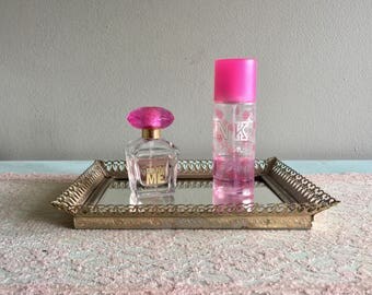 Small Gold mirrored vanity tray perfume tray filigree bathroom tray 1960s Lipstick Tray