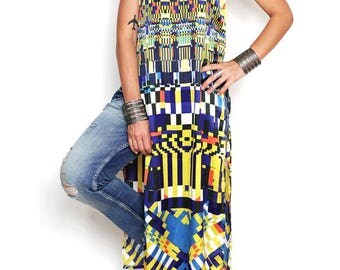 Long dress, colorful dress, summer dress, long tunic, tunic dress, sleeveless dress, stylish dress, bright ethnic dress, dress with slits