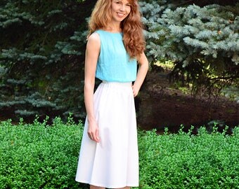 White cotton midi skirt, white cotton skirt, Midi skirt elastic waist, white medium skirt,White midi skirt, Cotton skirt, summer white skirt