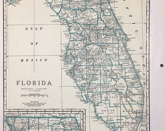 Vintage Map of Florida, 1942 Original Atlas Page, Vintage Atlas Page, Antique Map, Florida Map