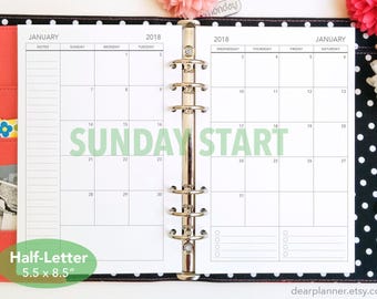 PRINTED Month on 2 page - SUNDAY start - Mo2p calendar - Dated thru December 2018 - Monthly planner insert - Half letter A5 insert - 22H