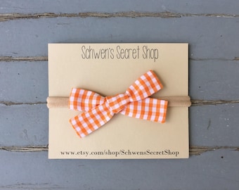 Orange gingham baby bow, hand tied bow, baby girl headband, nylon headband, school girl bow, baby bow headband, baby hair bow, baby bows