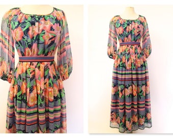 1970's Bright Floral Hippie boho maxi dress