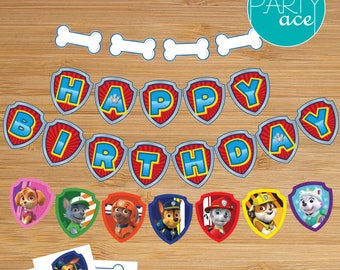Paw Patrol Printable Banner Birthday Party Decoration Marshall Rocky Chase Rubble Everest Skye Zuma