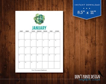 2018 Succulent Printable Wall Calendar - Succulent 12 Month Wall Calendar - Home Organizing - Instant Download