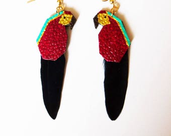 Parrots earrings exotic "Daphne" leather and feather