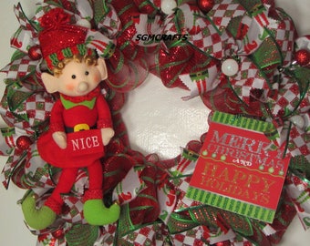 Christmas Elf Deco Mesh Wreath Elf Christmas Wreath Christmas Wreath Nice Elf Wreath Holiday Deco Mesh Wreath Elf on the Shelf Wreath