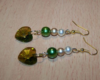 golden earrings swarovski olivine pearls heart