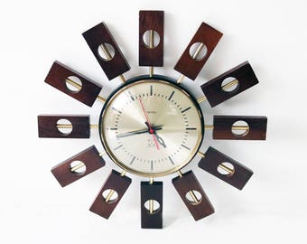 Rare teak atomic starburst clock by Smiths 1960s