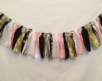 Fabric Tie Garland/Baby Shower Decor/Rag Tie Banner/Bridal Shower Decor/Black Fabric Hasnd:Pink Wedding/Pink Fabric Garland/Fabric Garland