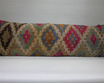 Turkish Carpet Extra Long Lumbar Pillow 16x48 Turkish Lumbar - 16x48 lumbar pillow kilim lumbar pillow kingsize pillow 16x48 turkish kilim  pillow handwoven kilim pillow pink