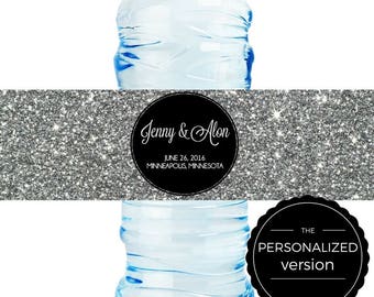 Personalized Silver Glitter and Black Wedding Water Bottle Label - 8 x 2 in. - sets of 25 labels