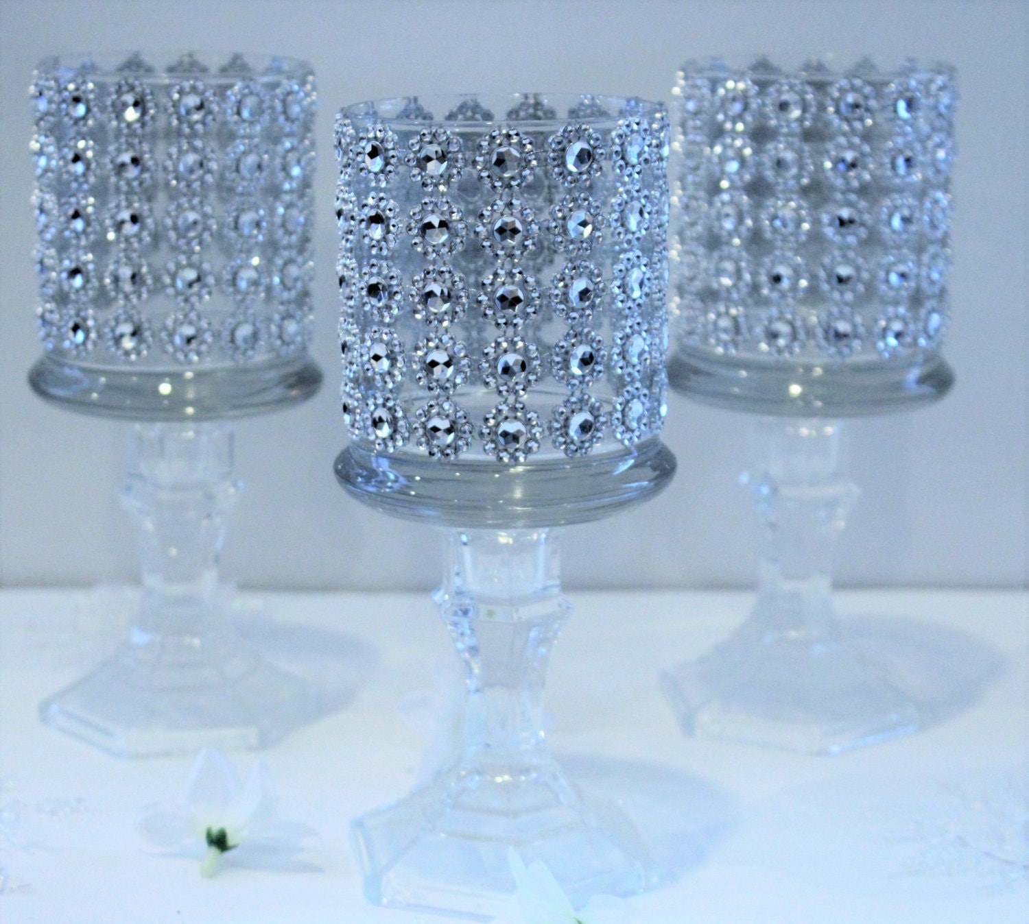 Set of 5 tall glass candle holder wedding centerpiece Bling