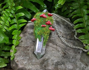Shroom Quartz Crystal Necklace • Healing Wicca Forest Magic Witch Hippie Mushroom Toadstool Polymer Clay