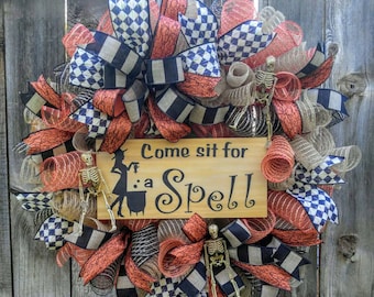 Halloween wreath, witch wreath, orange and black wreath, come sit for a spell wreath, skeleton wreath, Halloween door hanger