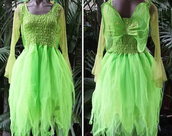 Fairy Dress ADULT Size Mardi Gras Party Halloween Costume with Sleeves and Wings - Neon Green Tinkerbell