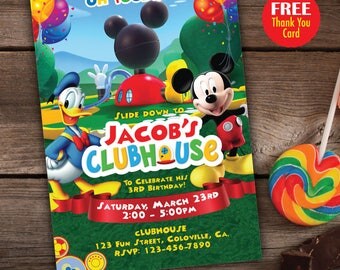 Mickey Mouse Clubhouse invitation and Thank You Card, Clubhouse Party, Mickey Mouse Birthday, Toodles Invite, Mickey Mouse Clubhouse DIY