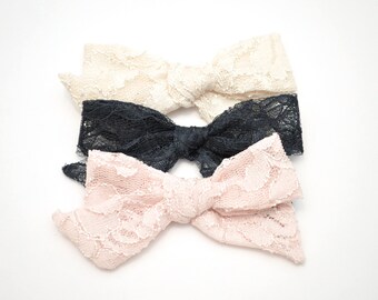 Lace LARGE Evy bows-Baby Headband-Large Hand-Tied Hair Bow-Cotton Schoolgirl Bow-Hairbow-Nylon Headband - Toddler Hair Clip