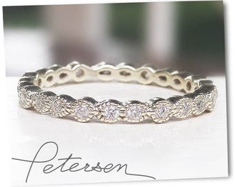 White Gold Wedding Band - Art Deco Ring - Stacking Ring - Eternity Ring, Wedding Ring, Promise Ring, miligrain ring, diamond simulant