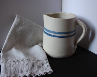 Vintage Farmhouse Blue Stripe Crockery Pitcher, Vintage Pitcher, Blue-stripe crockery, Milk Pitcher, Water Pitcher, Earthenware Pitcher