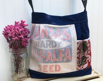 Upcycled Handbag, Shoulder Bag, Handmade Bag, Blue Purse, Pleated Handbag, Purse with Pockets, Mom Bag