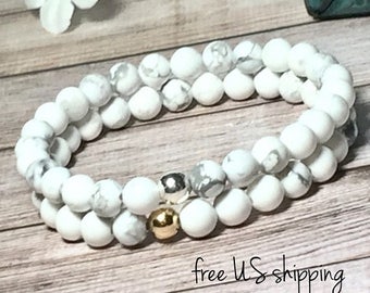 SALE White Howlite Beaded Bracelet, Beaded Bracelets for Women, Bead Bracelet Women, Womens, Silver, Gold, DreamCuff, Free Shipping Jewelry