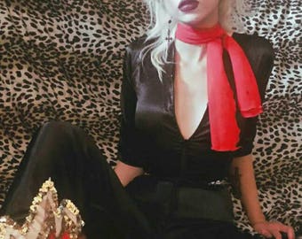 Made To Order 70's Glam Black Satin Bell Bottom Zip Up Jumpsuit With Sequins And Flames