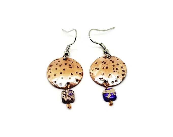 Copper and Jasper Earrings, Purple Impression Jasper Gemstone Earrings, Copper Dome Earrings, Unique Birthday Gift, Nickel Free Earrings