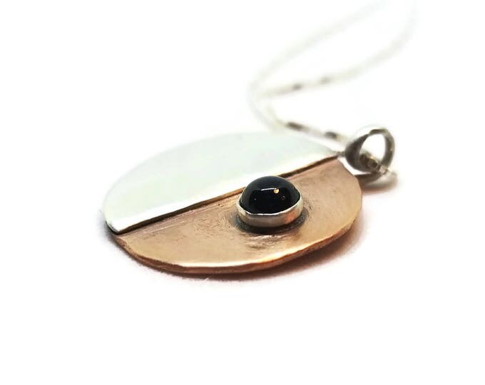 Mixed Metal Black Onyx Pendant, Sterling Silver and Copper Gemstone Necklace, One of a Kind, Unique Birthday Gift, Gift for Her