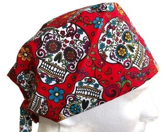 READY TO SHIP! Red Sugar skull Surgical cap/ Scrub hat