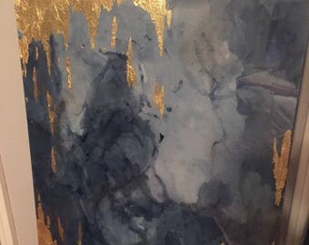 SOLD! Alcohol ink painting with grays, gold leafing, and reisn