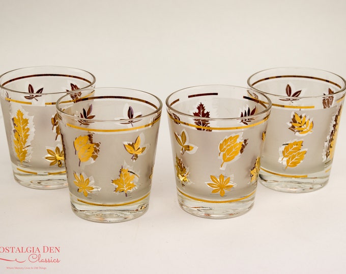 MCM Libbey Golden Foliage | Gold Leaf Frosted Glasses | Vintage Hostess 6 Oz Old Fashioned Glasses | Set of 4