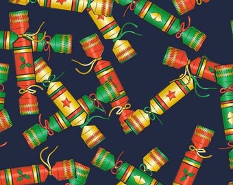 FS157 Christmas Crackers Navy Print Thin Soft Jersey Spun Polyester Fabric - Sold Per Metre …