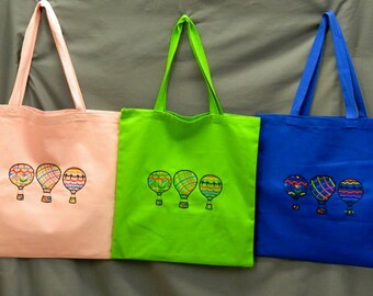 Hot Air Balloon Embroidery Design - Canvas Tote Bag - Blackwork Embroidered Design - Library Bag - Grocery Bag - Shopping Bag - 3 Balloons
