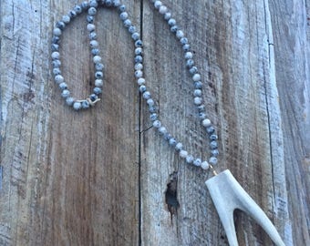 Deer antler necklace, Black and white beaded antler pendant necklace