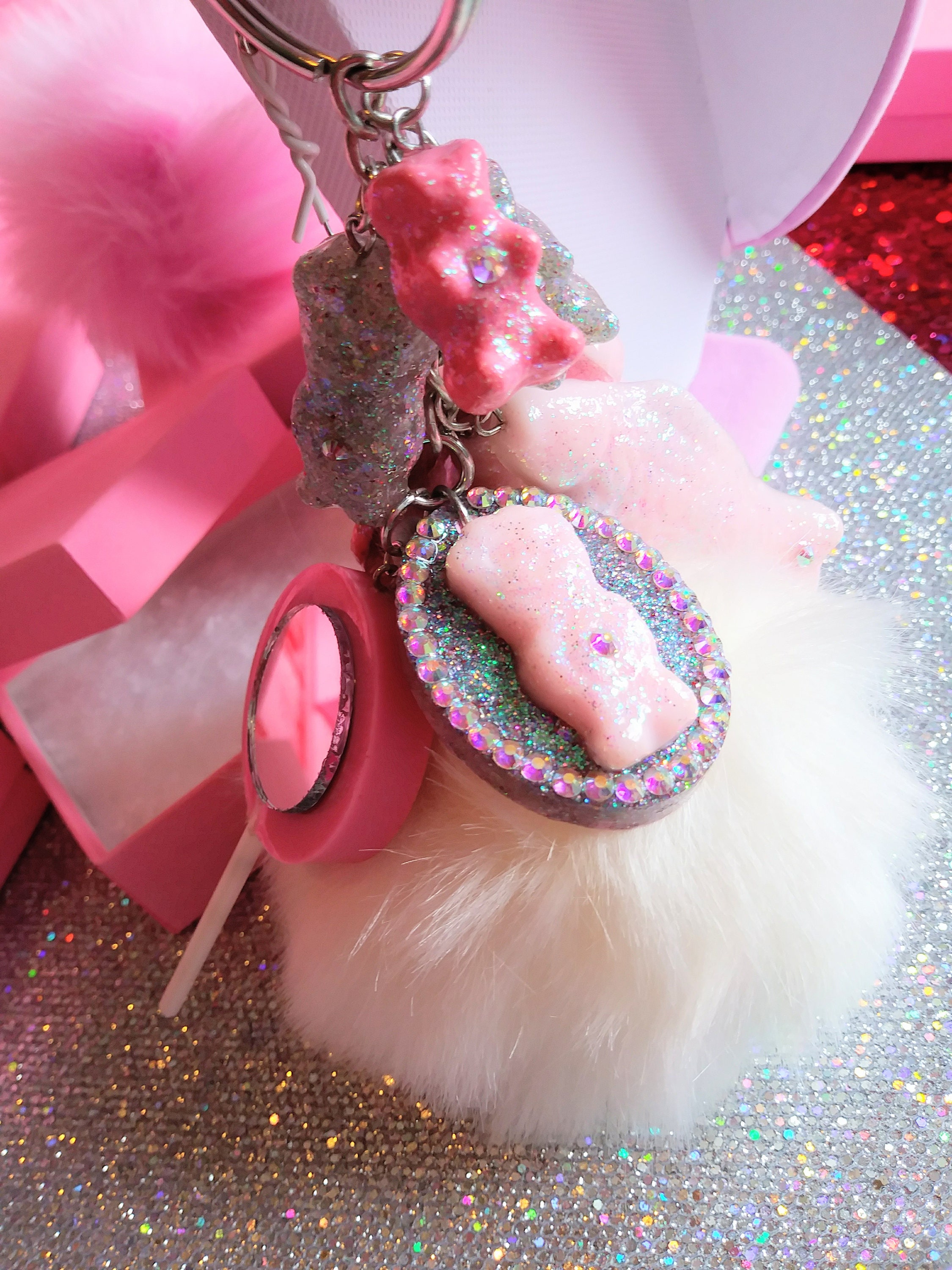 Fluffy keychain with holographic glitter sweets