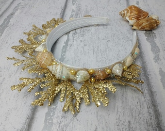 Gold mermaid crown, shell headdress, sea siren hair accessories, mermaid alice band, UK mermaids, seaweed, mermaid costume, beach party wear