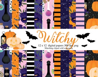 Halloween Digital Papers, Witch, potions, pumpkin, jack o lantern, bats