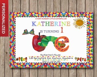 Very Hungry Caterpillar Invitation, The Very Hungry Caterpillar Birthday Invitation, Very Hungry Caterpillar Invite, Little Caterpillar Card
