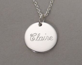 Engraved name necklace sterling silver children's name pendant kid's name jewelry personalized name charm round circle disc 1/2" SSLCS