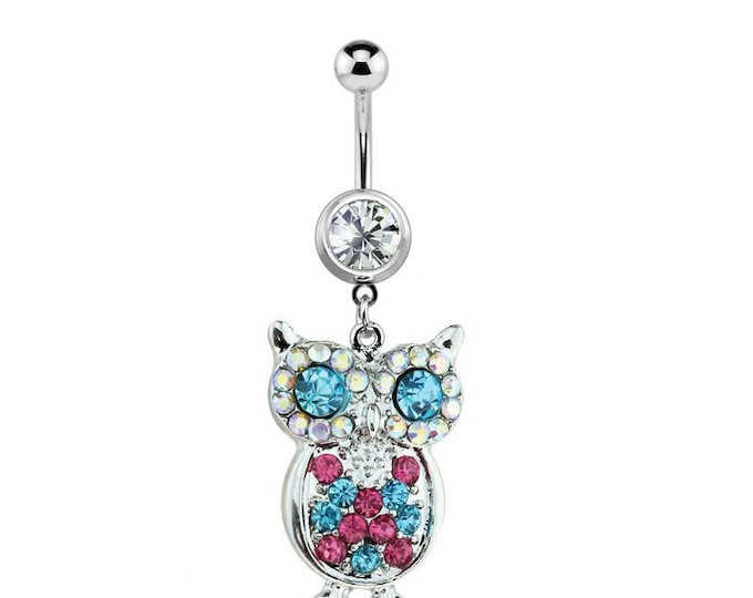 316L Surgical Steel Multi Gem Tone Owl Dangle Belly Ring