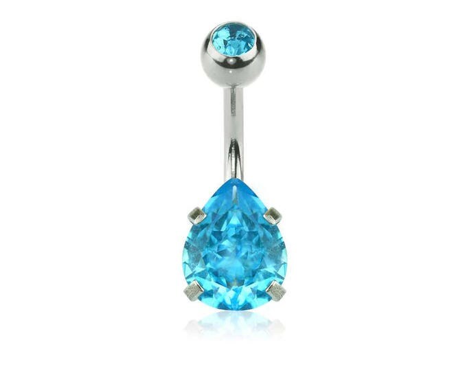 Double Gem Prong Set Tear Drop CZ 316L Surgical Steel Navel Ring