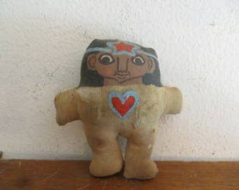 Old stuffed toy doll with hearts, miniature native Indian signed dated 72 w/ free ship