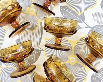 Vintage 1970s Amber Glass Dessert Dishes, Set of Six, Amber Indiana Glass King's Crown Thumbprint