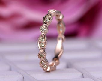 Natural Peridot wedding band in 14k rose gold/Full eternity edding ring/Art deco marquise/Anniversary ring/Milgrain edge/Stacking Band/Pave