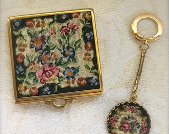 Vintage Schildkraut Petit Point Compact and Keychain Set